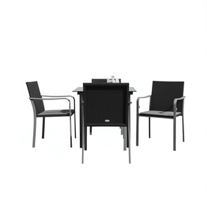 Black Poly <b>Rattan</b> Steel Garden <b>Dining</b> Set With Tempered Glass <b>Table</b> For Outdoor Use Contemporary Design Weather Resistant - Product Image 1
