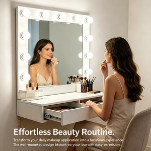 Coiffeuse murale flottante pour chambre à coucher avec miroir LED et panneau MDF, avec tiroirs - Vente en gros - Product Image 5