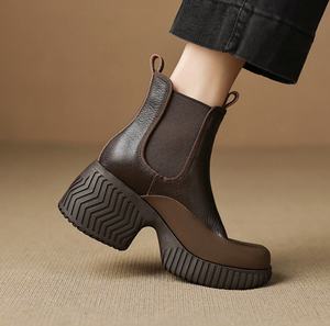 Bottines courtes en cuir à lacets et talons hauts, à semelle souple, style rétro décontracté, matures et à la mode, polyvalentes - Product Image 5