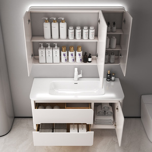 Meuble-lavabo de salle de bain d'hôtel moderne personnalisé en contreplaqué MDF avec finition mélaminée, résistant à l'eau, avec <span class=keywords><strong>quincaillerie</strong></span> à fermeture douce pour la maison - Product Image 5