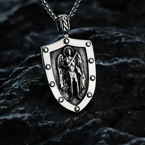 Collar Geométrico de Acero Inoxidable para Hombre, Colgante de Escudo, Cuentas Cuadradas Biseladas, Patrón de Ángel, Joyería de Moda a la Moda - Product Image 2