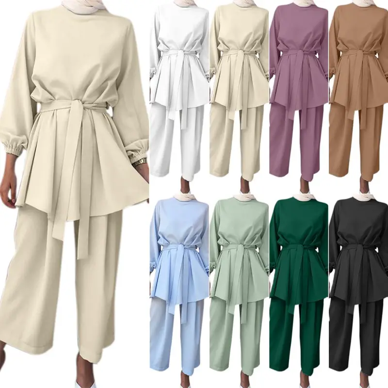 New Style Eid al-Adha Arabische Anzüge für Frauen Hose mit weitem Bein Einfarbig Bequemer lässiger Damen anzug mit Gürtel