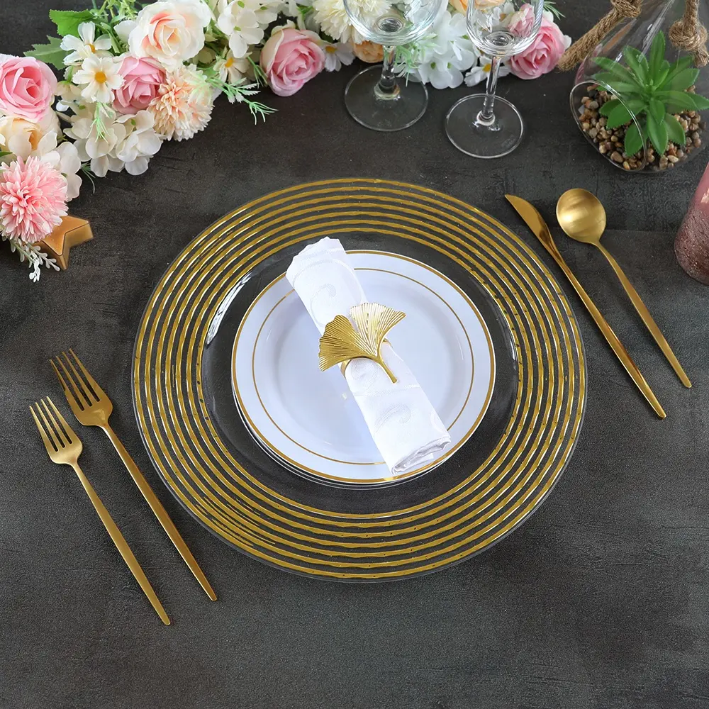 Forniture per feste rotonde 13 "piastre per caricabatterie con perline in oro per cena in plastica per matrimonio eleganti decorazioni in acrilico