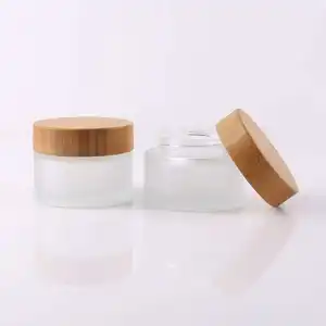 Buzlu cam yuvarlak doldurulabilir kozmetik ambalaj yüz krem kapları boş bambu cam kavanoz