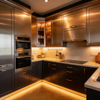 Meubles de cuisine industriels chic avec îlot central et appareils électroménagers encastrés