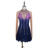 Robe de patinage et de danse dégradé bleu marine, rose et violet, col montant, manches longues en maille nude, strass, pour enfants et adultes, compétition et performance
