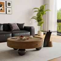 Ensemble de table basse et table d'appoint ronde en bois créative et économique : Noyer avec tiroir, pieds en boule (Salon minimaliste)