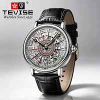TEVISE Herren Automatik-Mechanikuhr mit rundem Gehäuse aus Legierung, Lederarmband, wasserdicht 3BAR