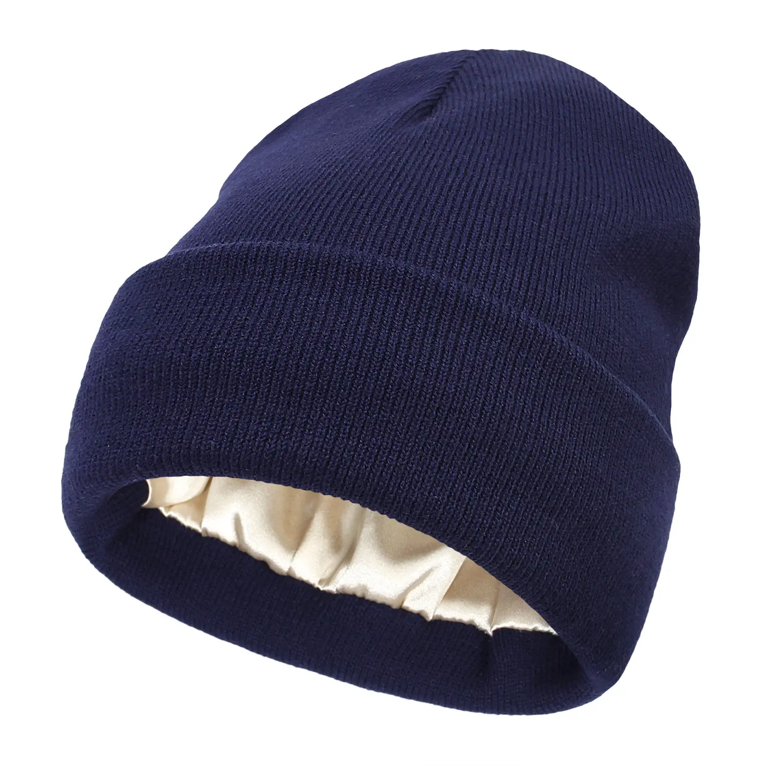 Satin Lót Đan Mũ Mềm Acrylic Mũ Lụa Lót Còng Beanie Mũ Tùy Chỉnh Thêu Logo Acrylic Beanie Cho Phụ Nữ Và Người Đàn Ông