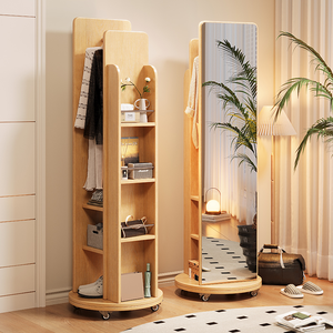 Porte-manteau rotatif en bois massif <span class=keywords><strong>avec</strong></span> miroir pleine longueur, support à vêtements mobile sur pied <span class=keywords><strong>avec</strong></span> étagère de rangement pour entrée - Product Image 1