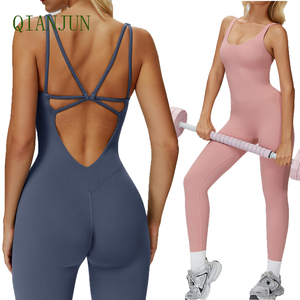 Bán buôn phụ nữ scrunch Yoga bodysuit nén co giãn một mảnh thể thao Jumpsuit Chéo Sling Workout Jumpsuit - Product Image 1