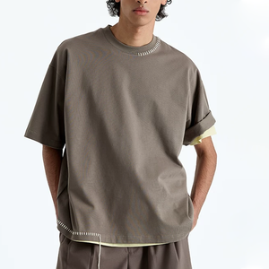 T-shirt Oversize Personalizzata all'Ingrosso a Manica Corta in Cotone Premium a Fibra Lunga con Cuciture a Mano, <span class=keywords><strong>Frange</strong></span> Grezze e Collo a Girocollo Stretto, Vestibilità Boxy - Product Image 4