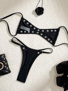 Ensemble de bikini sexy personnalisé pour femme <span class=keywords><strong>en</strong></span> Spandex/Nylon, avec clous, style bandeau, coupe coquine, <span class=keywords><strong>string</strong></span> taille haute, maillot de bain 2 pièces - Product Image 2