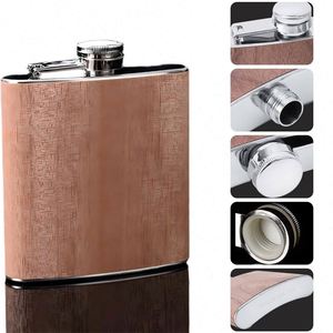 Flacon à whisky personnalisé avec logo, 6 oz, en acier inoxydable, revêtement imitation bois, bouteille portable en métal pour cadeau d'affaires - Product Image 3