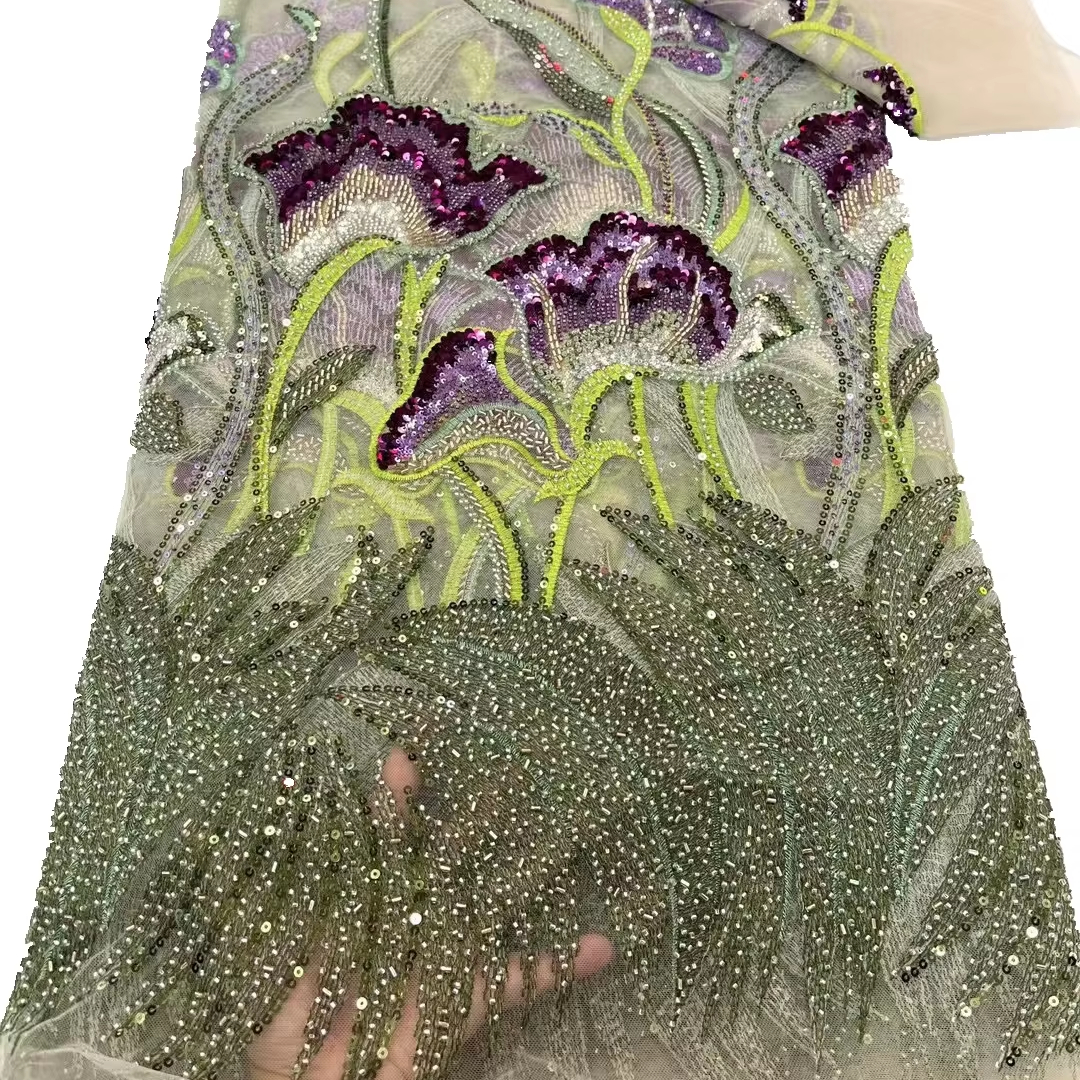 New Fashion United Arab Emirates Dubai Luxury Lace Fabric Handmade Embroidery Beaded Lace With Sequins Austria Wedding Dress