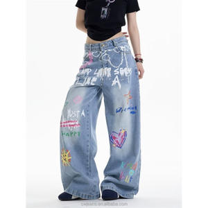 Pantalones vaqueros holgados de alta calidad para mujer, pantalones vaqueros holgados pintados a mano con dibujos animados azul claro para mujer, pantalones vaqueros informales con estampado 3D para mujer - Product Image 3
