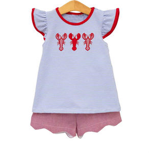 GSSO3243 Ensemble pour enfants en gros, tenue à manches courtes pour petite fille active, rayures bleues, broderie de crabe rouge - Product Image 1