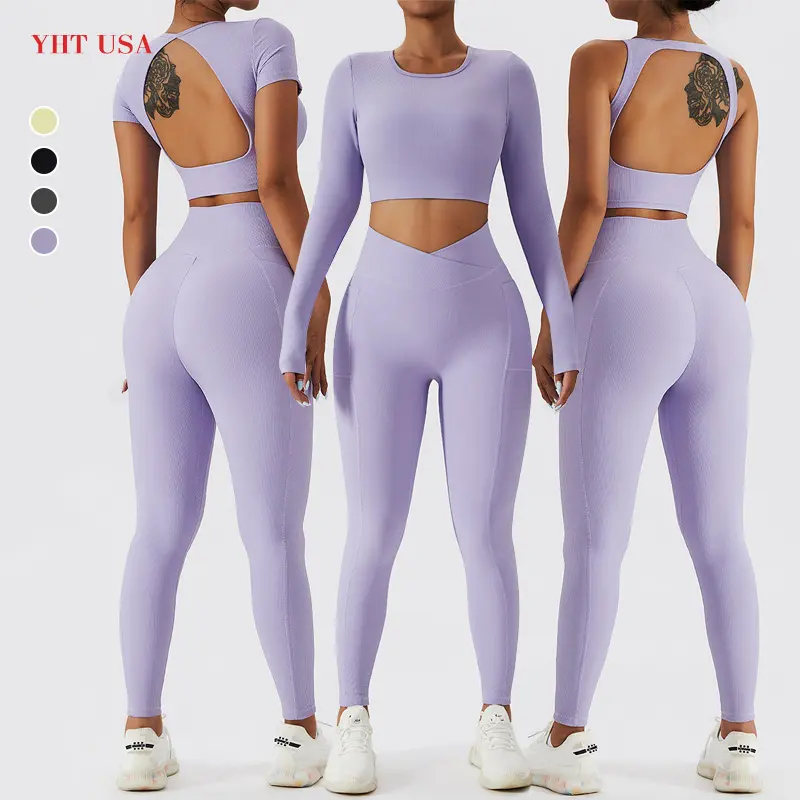 2023 New Women 4 piece Gym Workout Leggings Sets Activewear Open Back Sports Bra High Waist Fitness Pants Ribbed Yoga Suit