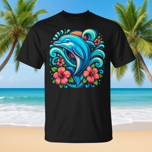 T-Shirt Unisex con Stampa Digitale di Delfini e Fiori, Collo Tondo, Manica Corta, Nera, per Uso Promozionale - Product Image 3