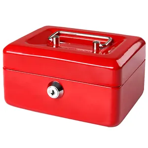 Steel portable mechanical key lock office safety euro money red cash box with plastic tray