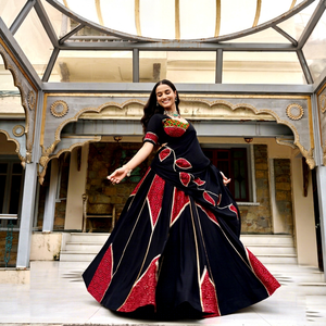 Black <b>Red</b> Flock Print Vintage Traditional Regular Length <b>Lehenga</b> Choli Women India Pakistan Style Cotton Regular Fit Quick Dry - Product Image 1