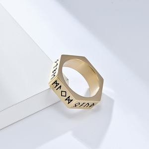 Pirate Viking script <b>titanium</b> steel <b>ring</b> with rune symbol, six-sided design, niche and trendy style. - Product Image 4