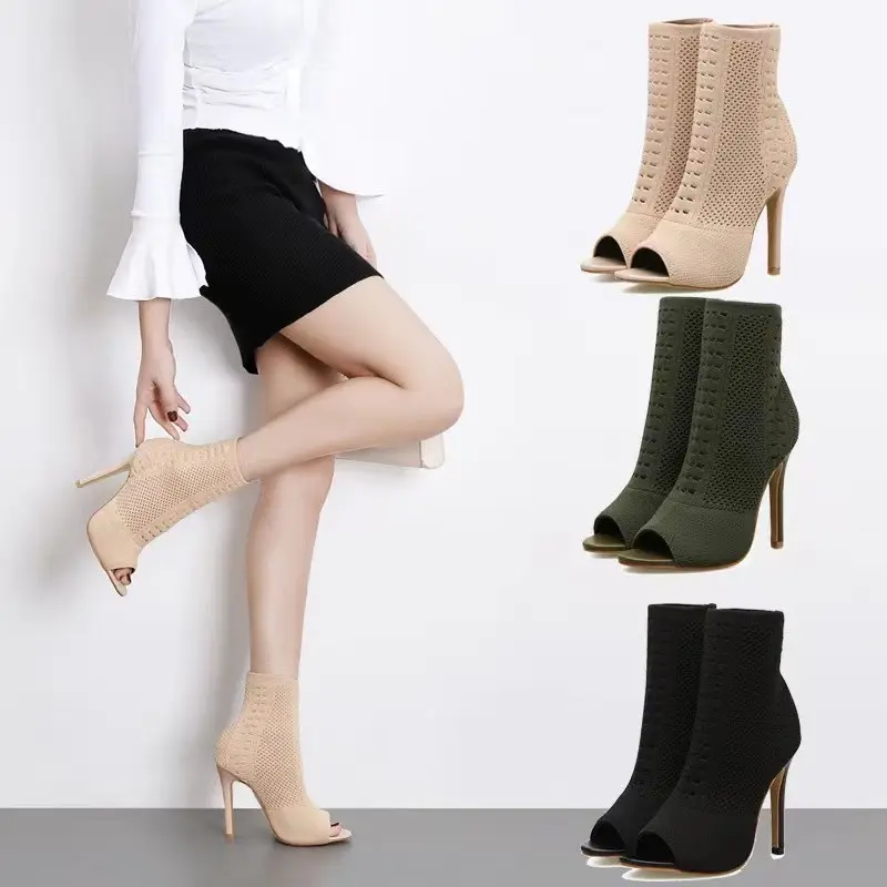 New Summer Women's Peep Toe Fashion Boots Thin High Heels Sock Boots Slip On Sexy heeled Boots
