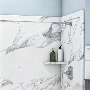 Étagères d'angle de <span class=keywords><strong>douche</strong></span> encastrées murales en résine à motif marbre blanc Calacatta, 15 pouces, personnalisées OEM, pour salle de bain moderne - Product Image 1