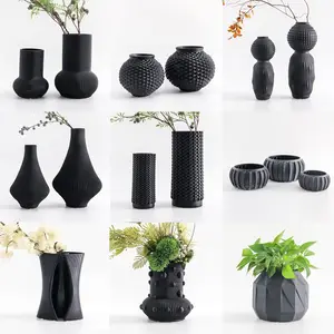 3D 인쇄 불규칙한 블랙 세라믹 도금 깔때기 꽃병 홈 숍 거실 베란다 테이블 장식