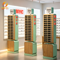 Serbest Duran Ahşap Güneş Gözlüğü Teşhir Rafı, Optik Mağazası Perakende Teşhir Ünitesi için LED Işıklı Dikey Gözlük Standı