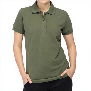 Polo à manches courtes vert olive pour femme Coupe classique Couleur unie 100% coton Tissu Oxford - Product Image 1