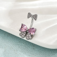 Perhiasan Cincin Pusar Baja Anti Karat Berlapis Emas 18k dengan Zirkonia Pink, Grosir Cincin Pusar Wanita, Aksesoris Tindik