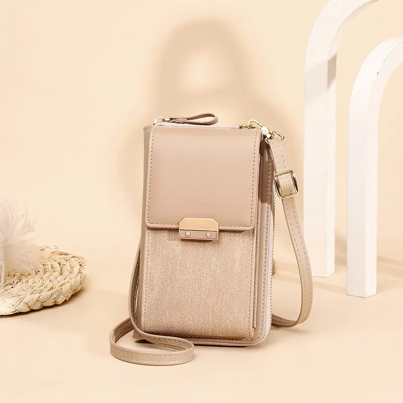 2024 best selling women's mobile phone bag free size convenient apricot leather small square buckle banquet messenger bag