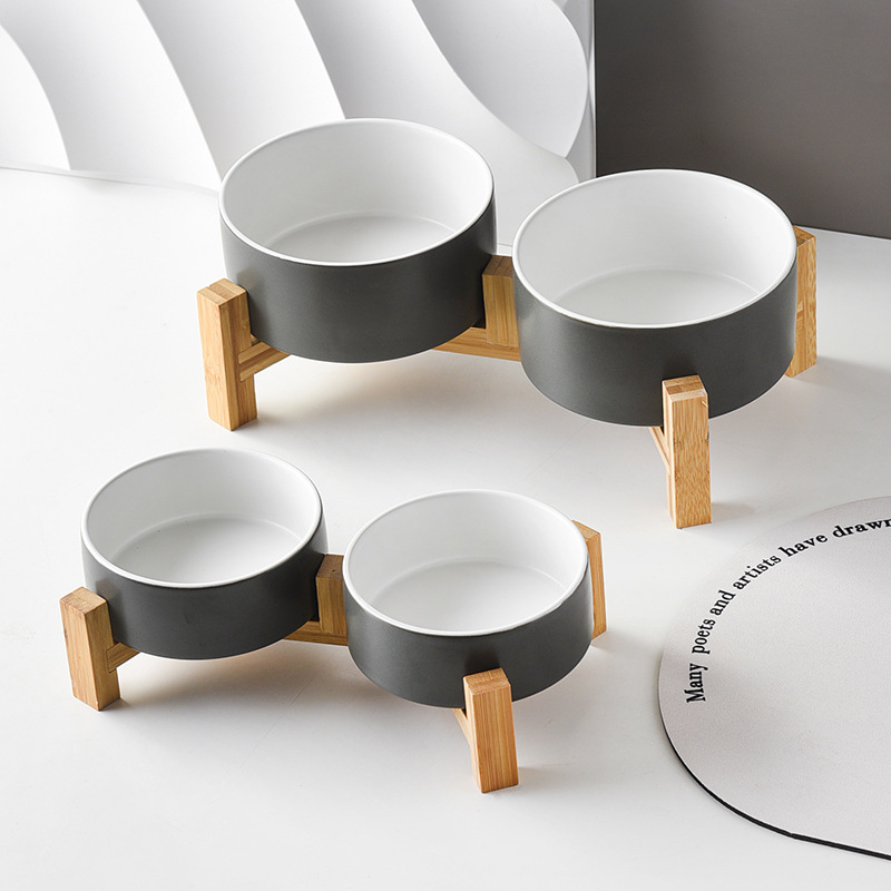 Wholesale Pet Dog Cat Ceramic Feeding Bowl with Heightened Bamboo Frame - OEM Model 007ZZ20241218