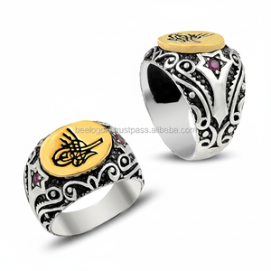 925K Sterling Silver Men's <b>Ring</b> with Zircon Ottoman Tugra Inlay <b>Resizable</b> Gemstone Jewelry for Engagement Gift or Party - Product Image 2