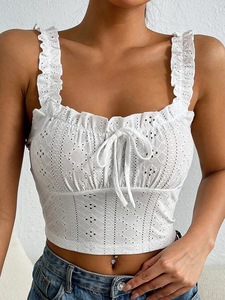 Débardeur Femme OEM en Coton Blanc Uni Tricoté Respirant avec Broderie à Oeillets, Volants et Nœud Papillon – Vente en Gros de Haute Qualité - Product Image 5