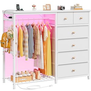 Cómoda Moderna Blanca para Dormitorio con Luces LED y Estación de Carga, 6 Cajones de Tela, Perchero de Hierro, Estilo Madera MDF para Almacenamiento en Sala de Estar - Product Image 3