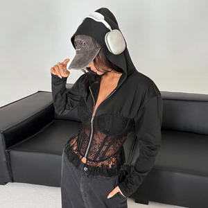 KISS ME ANGEL Top à capuche sexy pour <span class=keywords><strong>femme</strong></span>, ajouré, style streetwear, avec fermeture éclair en dentelle, corset à armatures, style niche - Product Image 2
