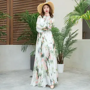 2021 New Arrival Chiffon Floral Print Long Sleeve Maxi Dress Bohemia Holiday Beach Dress Plus Size Mother of the Bride Clothing