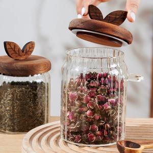 モダンなガラス収納ジャー空気タイト木製蓋キッチンカウンター装飾ガラスキャニスター木製スプーン食品用カスタマイズ可能 - Product Image 1