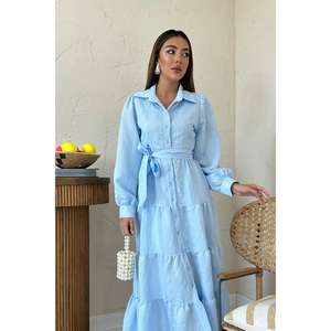 Robe trapèze bleue ceinturée à col, taille naturelle, en tissu tissé respirant, pour usage quotidien décontracté - Product Image 3