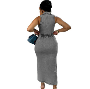 Nouvelle robe en jean sexy sans manches à col roulé et fente pour femme, tendance - Product Image 6