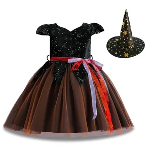 Fashionable Black Halloween Ball Dress Up children party baby girl birthday dresses with hat children's princess dress for 6Y
