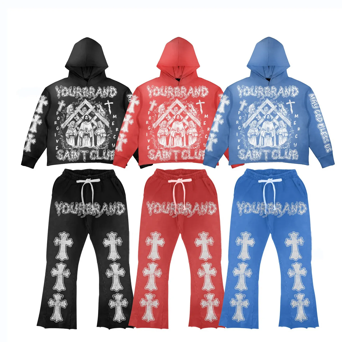 Toptan serigrafi hoodies erkekler streetwear kırpılmış sıkıntılı hoodies sweatpants ve hoodie seti erkekler için eşofman