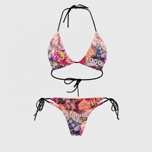 Customized Logo Floral Beachwear Vacation Backless Swimwear High Quality Plus Size Women Sexy Bikini Beachwear