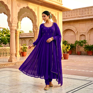 Purple Silk Anarkali Salwar Kameez Embroidered Long Sleeve Quick Dry <b>Kurti</b> with Dupatta <b>for</b> Wedding Party <b>Women</b> - Product Image 1