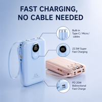 Mini Power Bank 20000mAh Charge Rapide Portable avec 4 Câbles Intégrés et 2 Lampes Torches LED PD 22.5W avec Affichage LED
