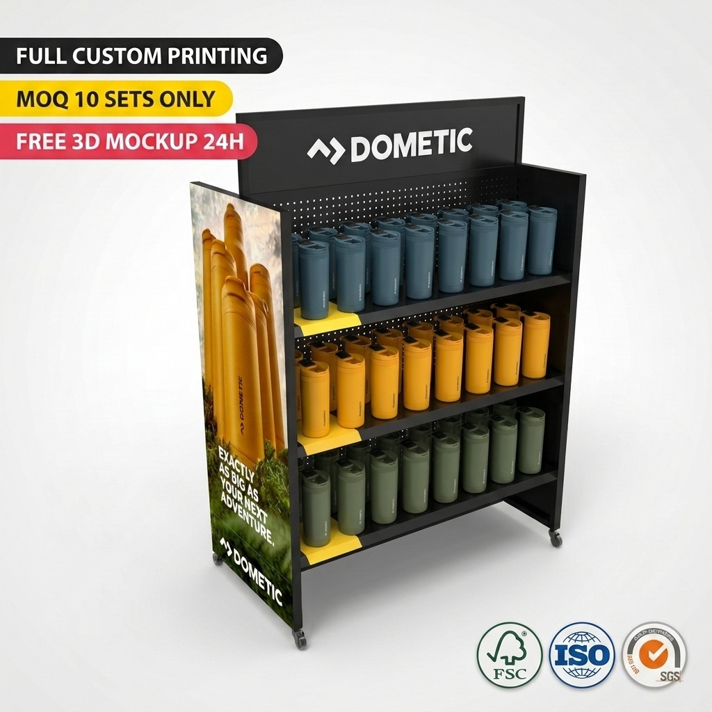 Custom Metal Floor Display Rack with Wheels for Tumblers Bottles Cans and Consumer Goods for Retail Stores & Supermarket