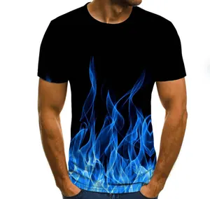 Wholesale men's summer new flame short sleeve O collar polyester T shirt 3D flame large size men T shirt