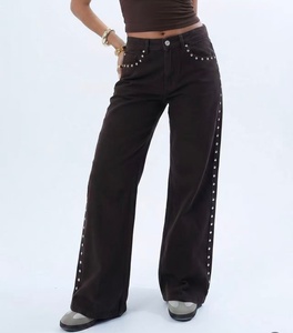 Pantalon en jean décontracté pour femme, taille haute, coupe large, avec clous décoratifs, coupe ample, longueur intégrale, personnalisable OEM ODM - Product Image 2